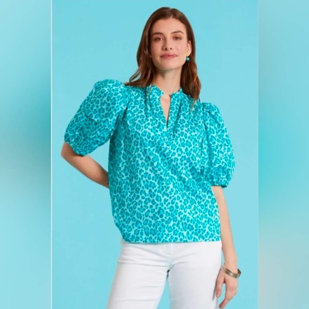 NWOT! TYLER BOE JENNA COTTON PUFF SLEEVE TOP IN CAPRI ANIMAL, SIZE SMALL